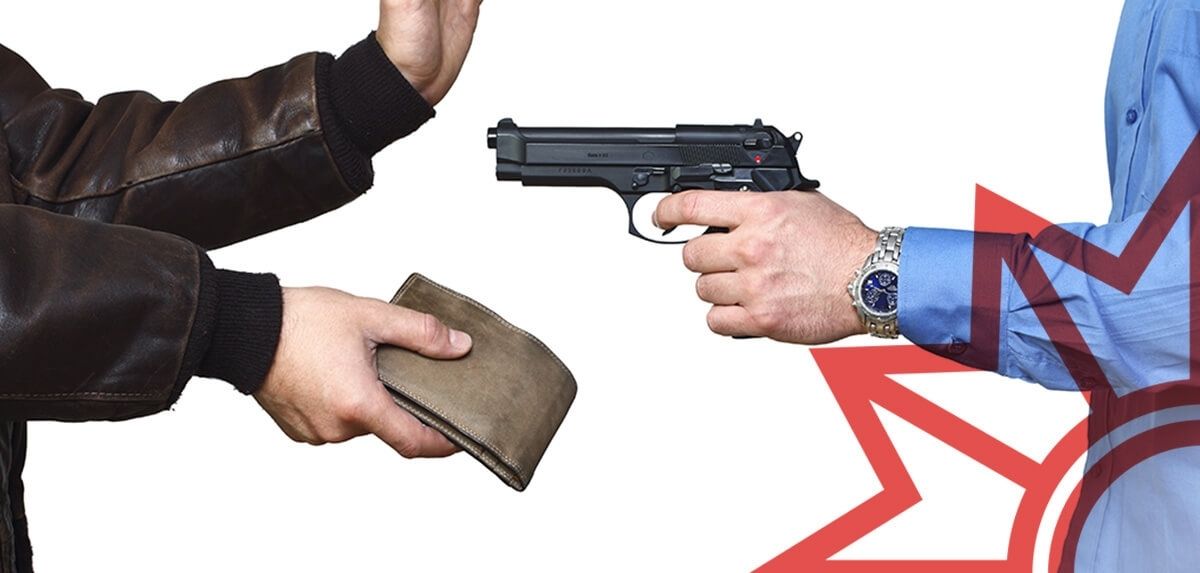Raub einer Geldbörse Symbolisch dargstellter Raub einer Geldbörse: Hand mit Pistole und Hände eines Ausgeraubten.